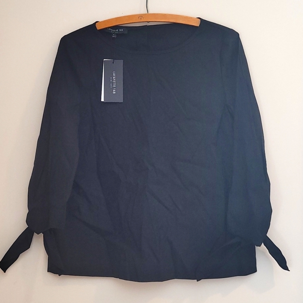 Lafayette 148 New York Elaina Black Blouse 3/4 Tie Sleeves XS